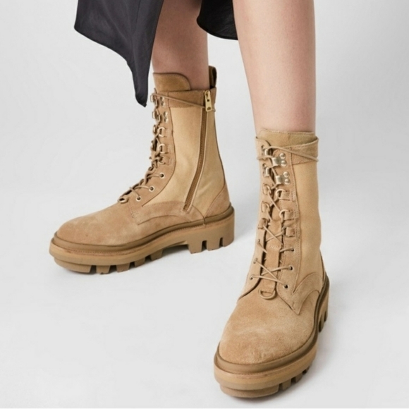 Allsaints Beth Canvas Suede Combat Boots Sand NEW - Picture 1 of 9